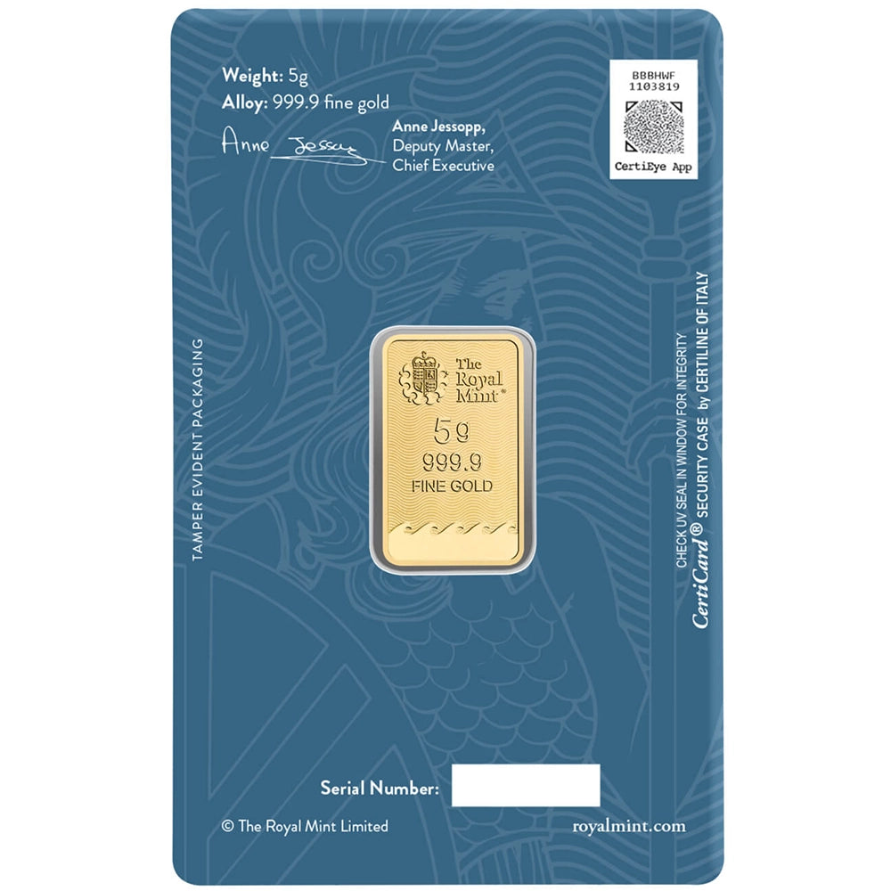 Royal Mint Britannia 5 gram Gold Bar (In Assay) obverse displaying The Royal Mint’s logo, weight, and purity