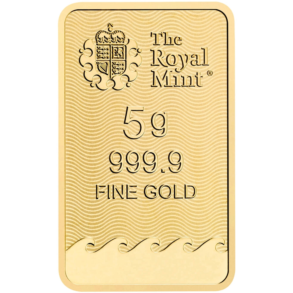 Royal Mint Britannia 5 gram Gold Bar obverse displaying The Royal Mint’s logo, weight, and purity