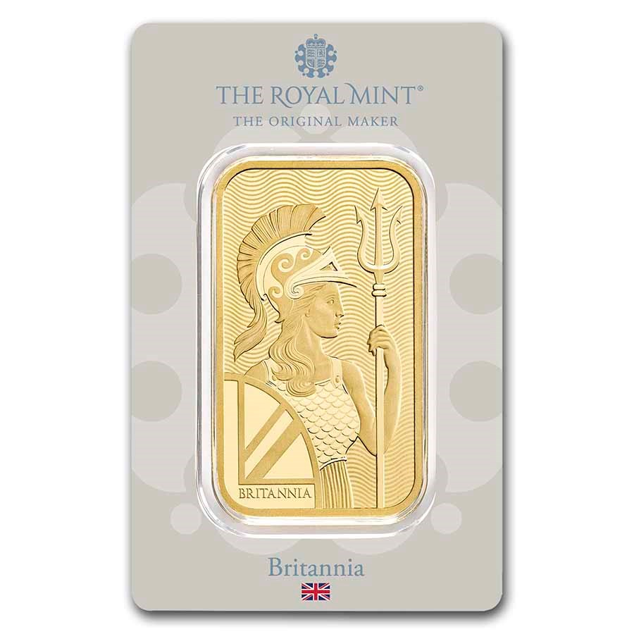 Royal Mint Britannia 50 gram Gold Bar (In Assay) featuring the iconic Britannia design, holding a trident and shield