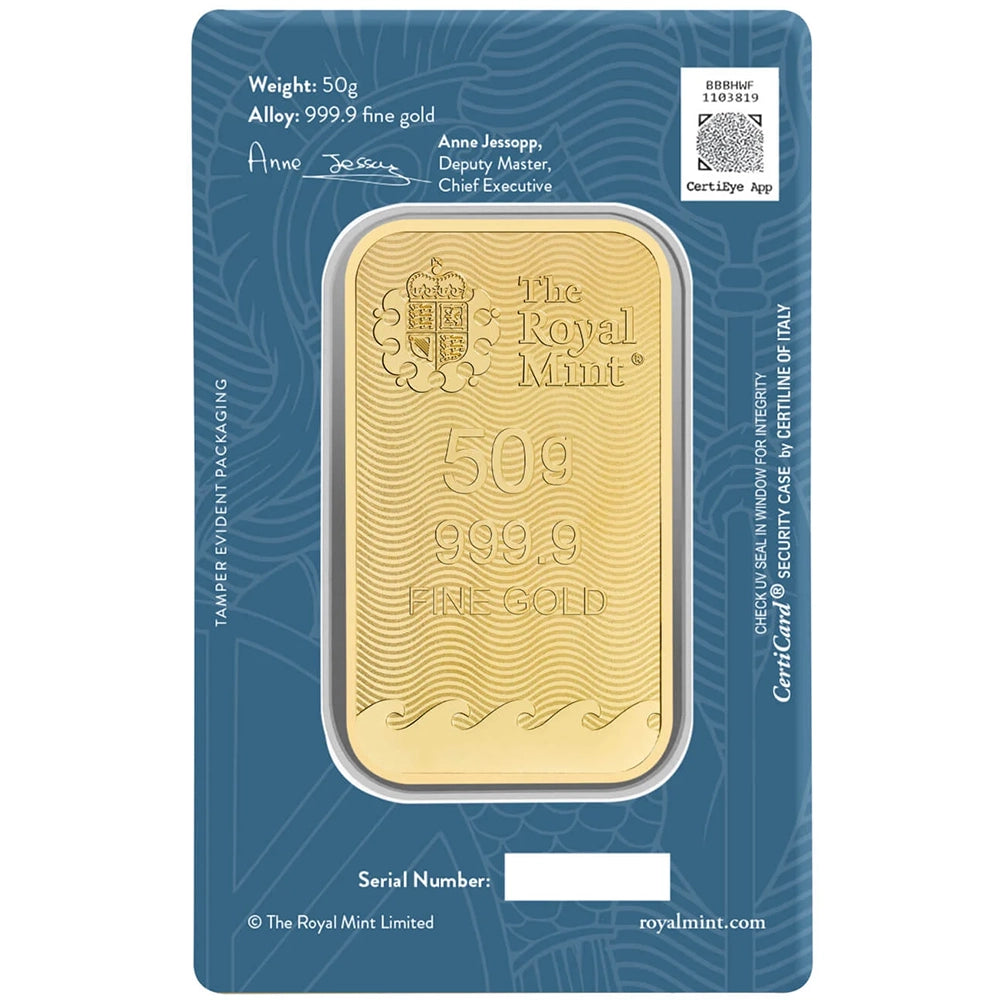 Royal Mint Britannia 50 gram Gold Bar (In Assay) obverse displaying The Royal Mint’s logo, weight, and purity