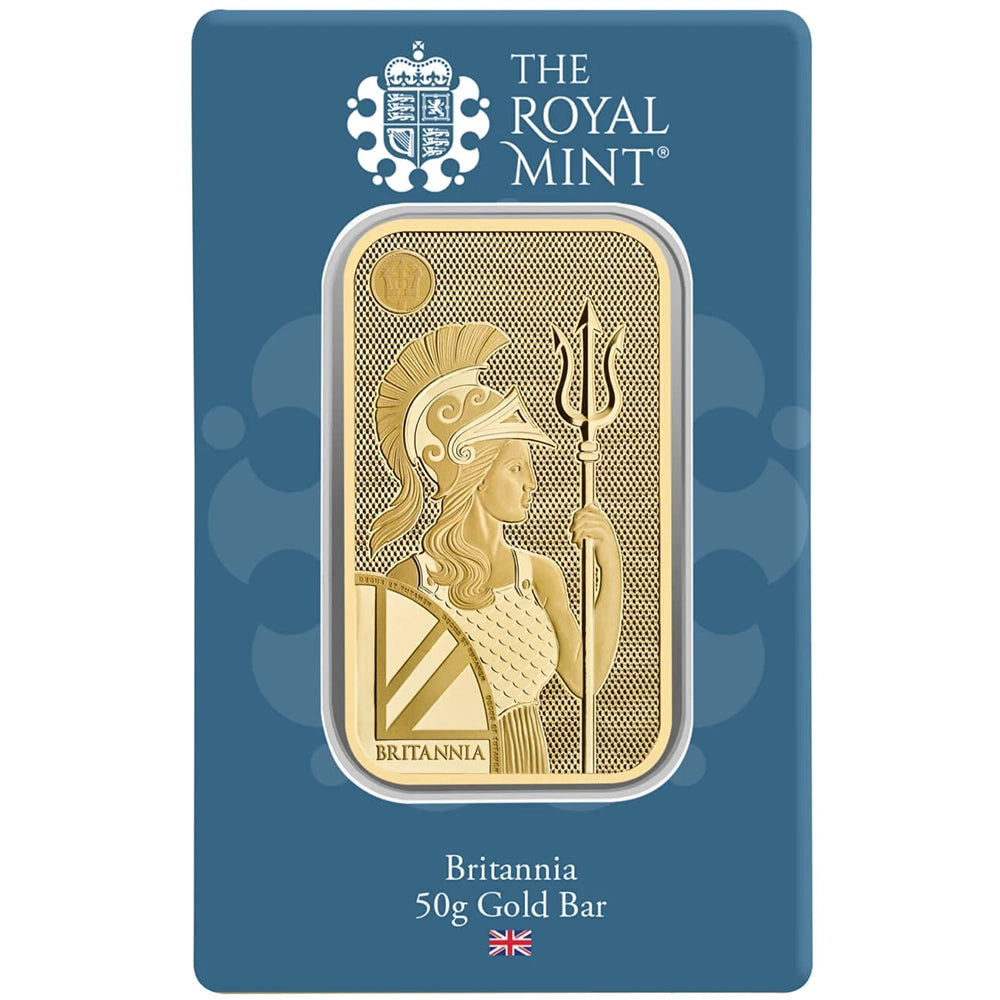 Royal Mint Britannia 50 gram Gold Bar (In Assay) featuring the iconic Britannia design, holding a trident and shield