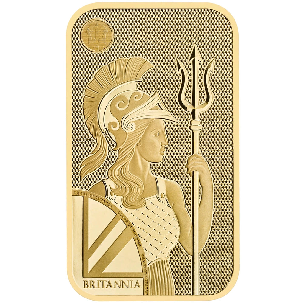 Royal Mint Britannia 50 gram Gold Bar featuring the iconic Britannia design, holding a trident and shield