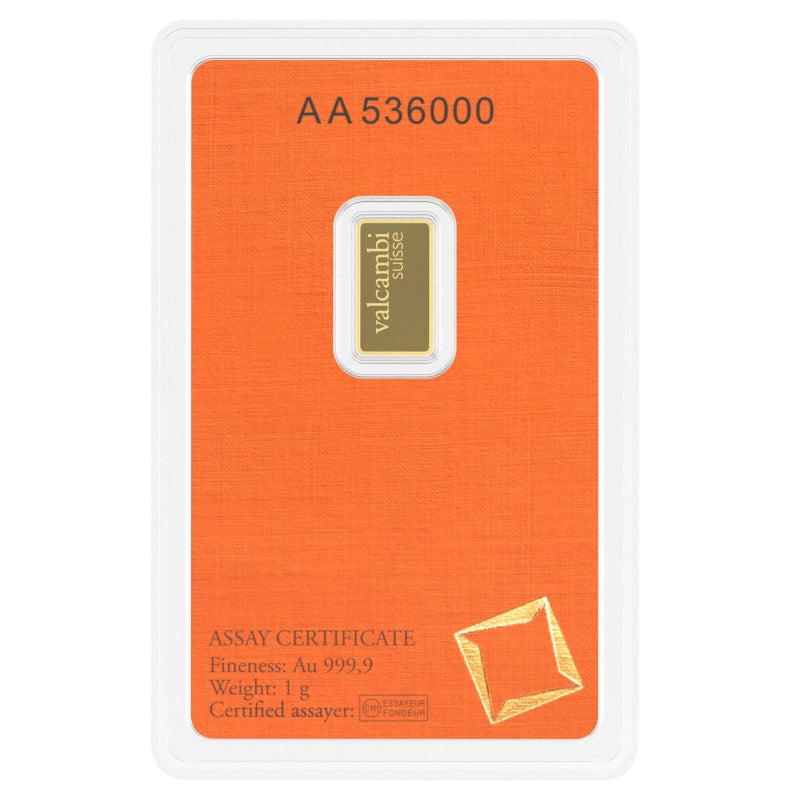 Valcambi Suisse 1 gram Gold Bar (In Assay) reverse with 'Valcambi Suisse' inscription