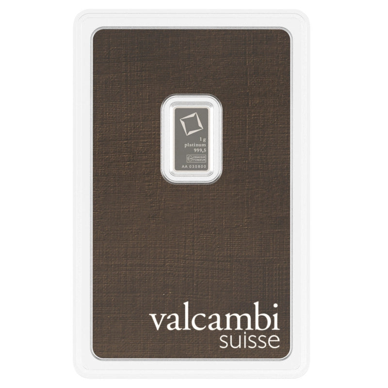 Valcambi Suisse 1 gram Platinum Bar (In Assay) obverse featuring Valcambi's rotating square logo