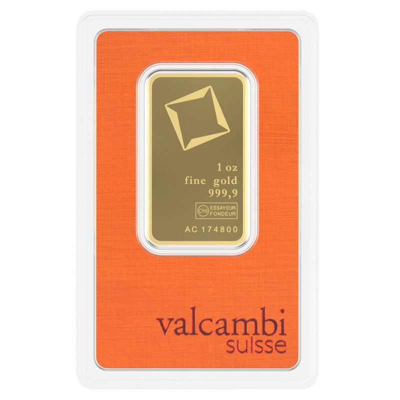 Valcambi Suisse 1 oz Gold Bar (In Assay) obverse featuring Valcambi's rotating square logo