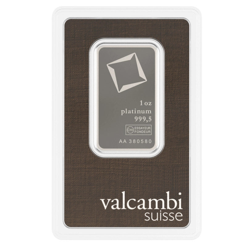 Valcambi Suisse 1 oz Platinum Bar (In Assay) obverse featuring Valcambi's rotating square logo