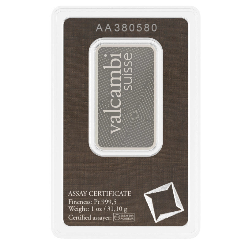 Valcambi Suisse 1 oz Platinum Bar (In Assay) reverse with 'Valcambi Suisse' inscription