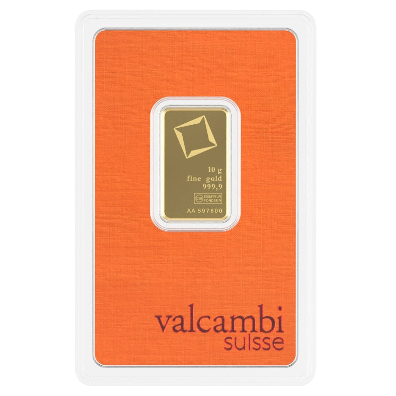 Valcambi Suisse 10 gram Gold Bar (In Assay) obverse featuring Valcambi's rotating square logo
