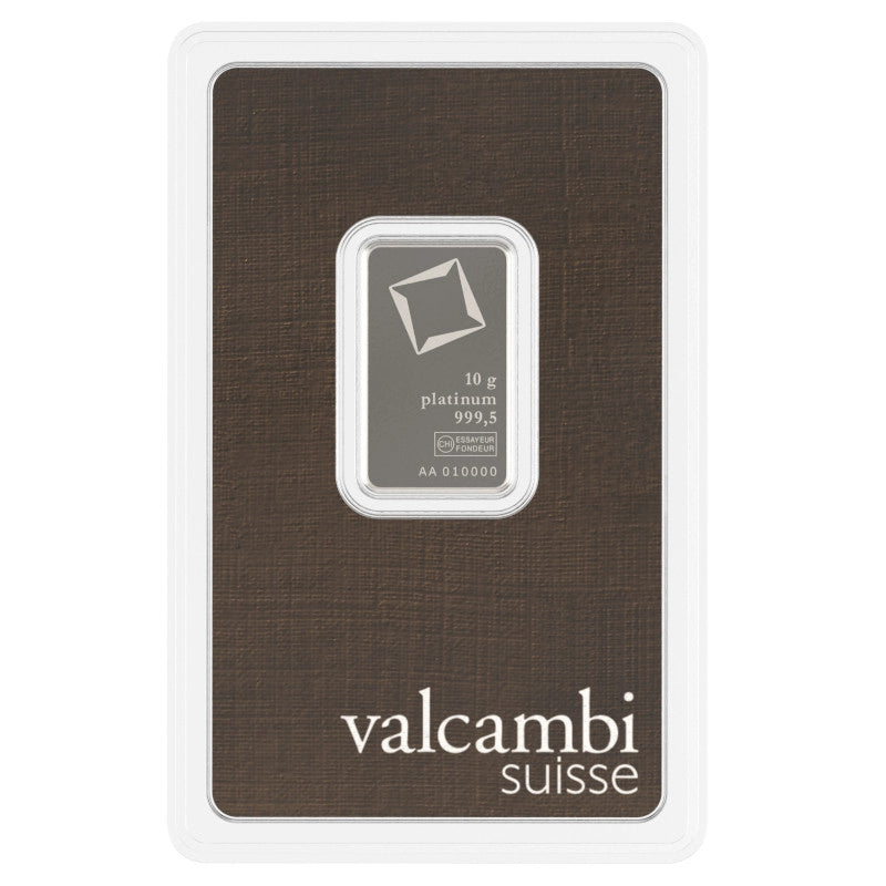 Valcambi Suisse 10 gram Platinum Bar (In Assay) obverse featuring Valcambi's rotating square logo