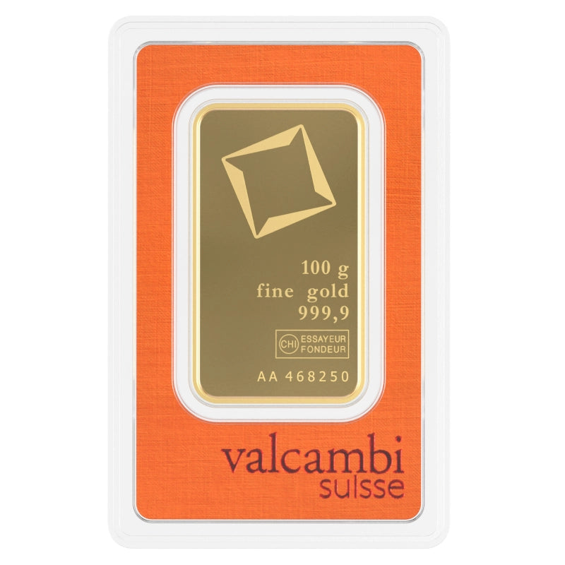 Valcambi Suisse 100 gram Gold Bar (In Assay) obverse featuring Valcambi's rotating square logo