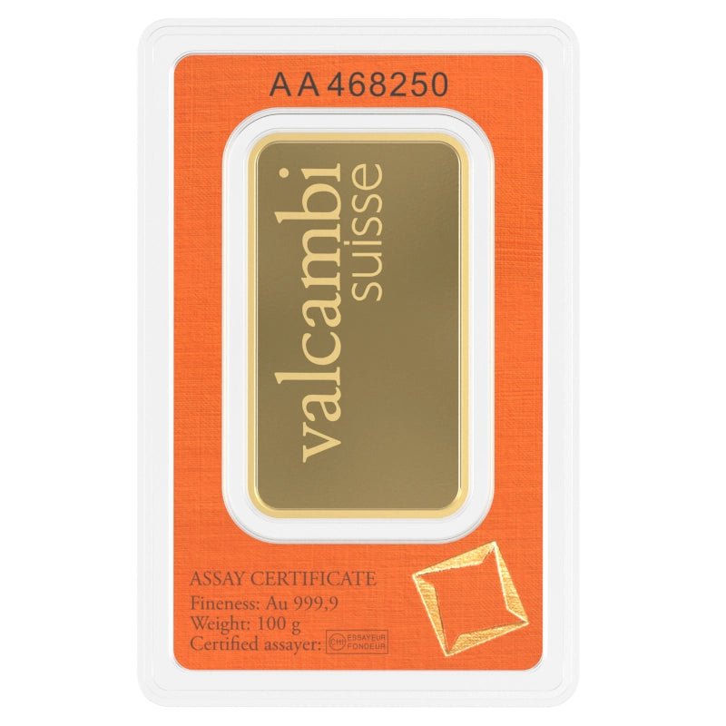 Valcambi Suisse 100 gram Gold Bar (In Assay) reverse with 'Valcambi Suisse' inscription