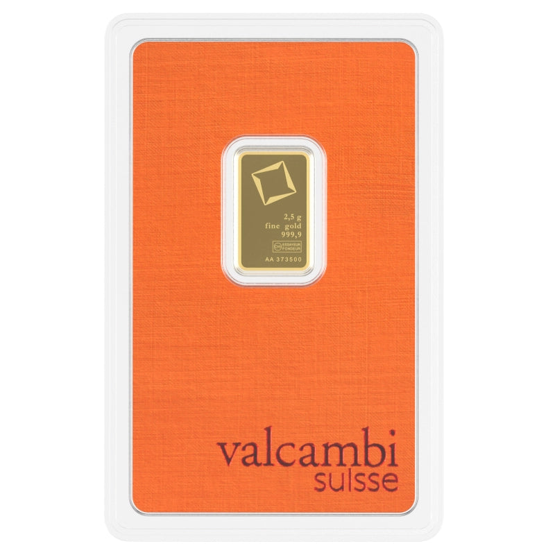 Valcambi Suisse 2.5 gram Gold Bar (In Assay) obverse featuring Valcambi's rotating square logo