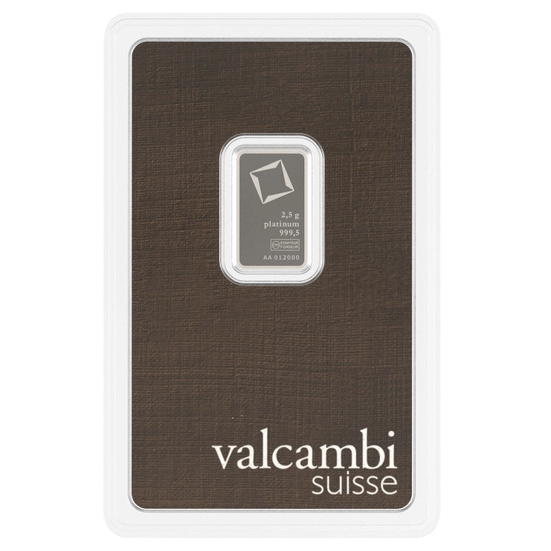 Valcambi Suisse 2.5 gram Platinum Bar (In Assay) obverse featuring Valcambi's rotating square logo