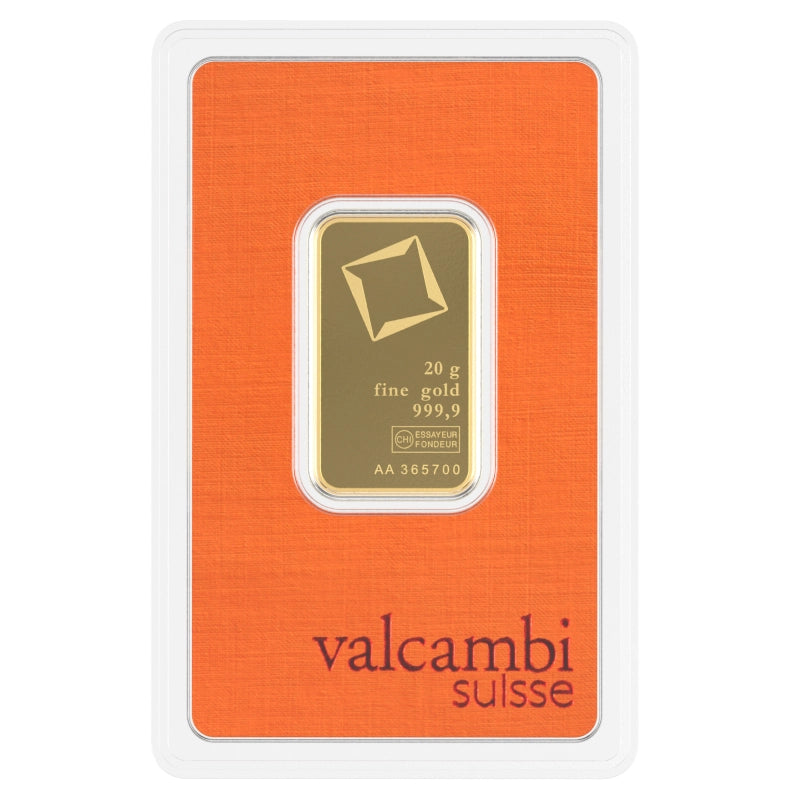 Valcambi Suisse 20 gram Gold Bar (In Assay) obverse featuring Valcambi's rotating square logo