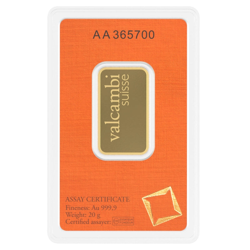 Valcambi Suisse 20 gram Gold Bar (In Assay) reverse with 'Valcambi Suisse' inscription
