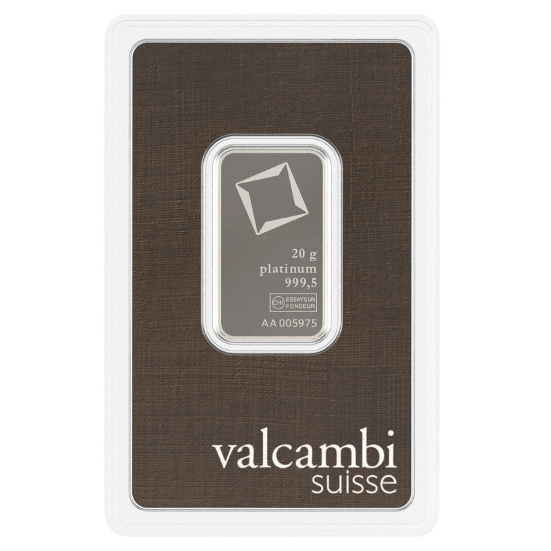Valcambi Suisse 20 gram Platinum Bar (In Assay) obverse featuring Valcambi's rotating square logo