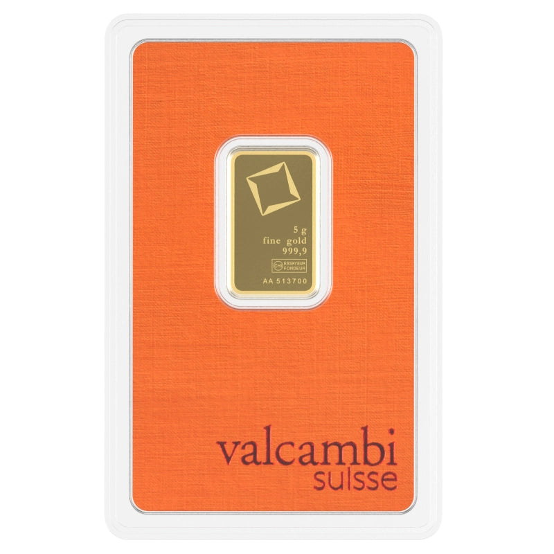 Valcambi Suisse 5 gram Gold Bar (In Assay) obverse featuring Valcambi's rotating square logo