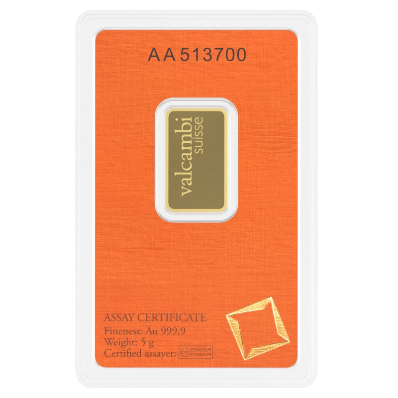 Valcambi Suisse 5 gram Gold Bar (In Assay) reverse with 'Valcambi Suisse' inscription