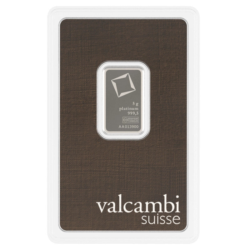 Valcambi Suisse 5 gram Platinum Bar (In Assay) obverse featuring Valcambi's rotating square logo
